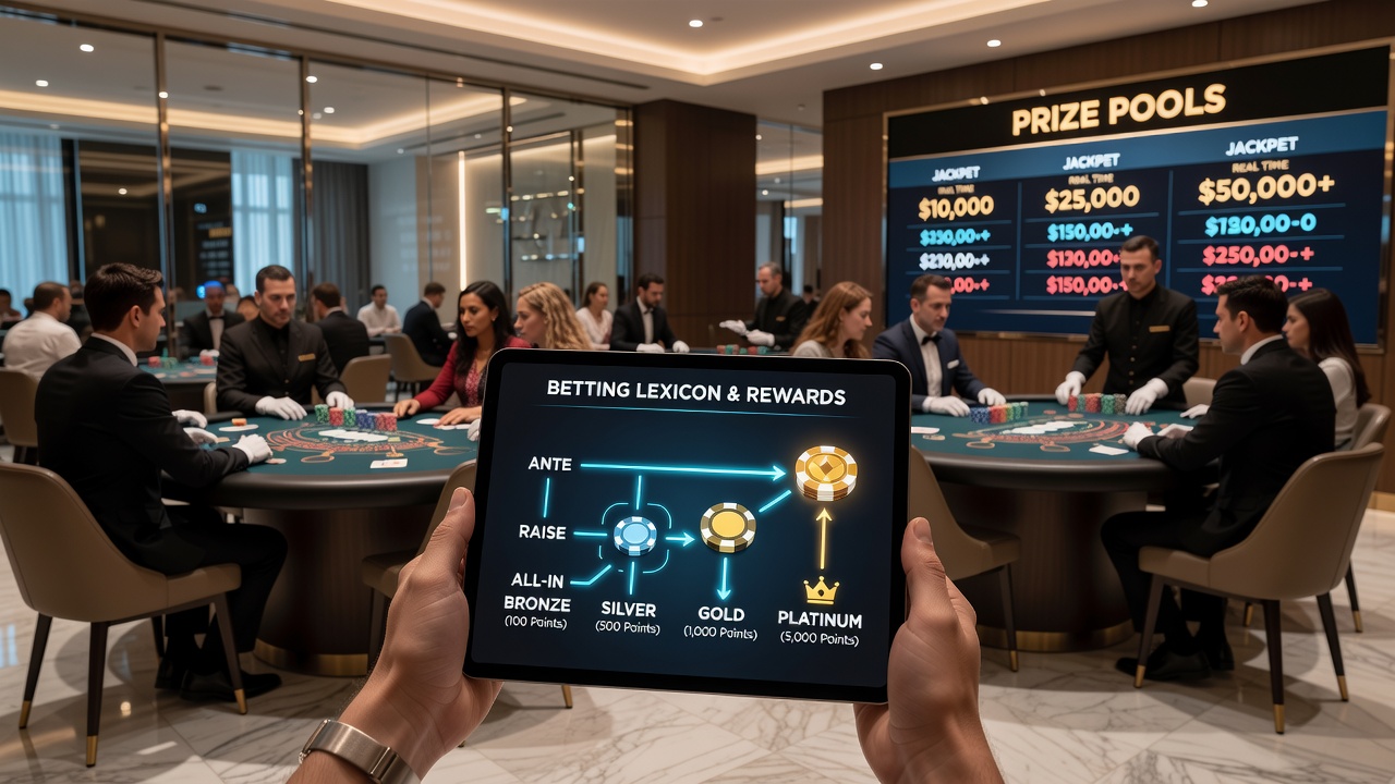 Mobile casino interface showing live dealer tables alongside reward tier indicators and prize pool counters