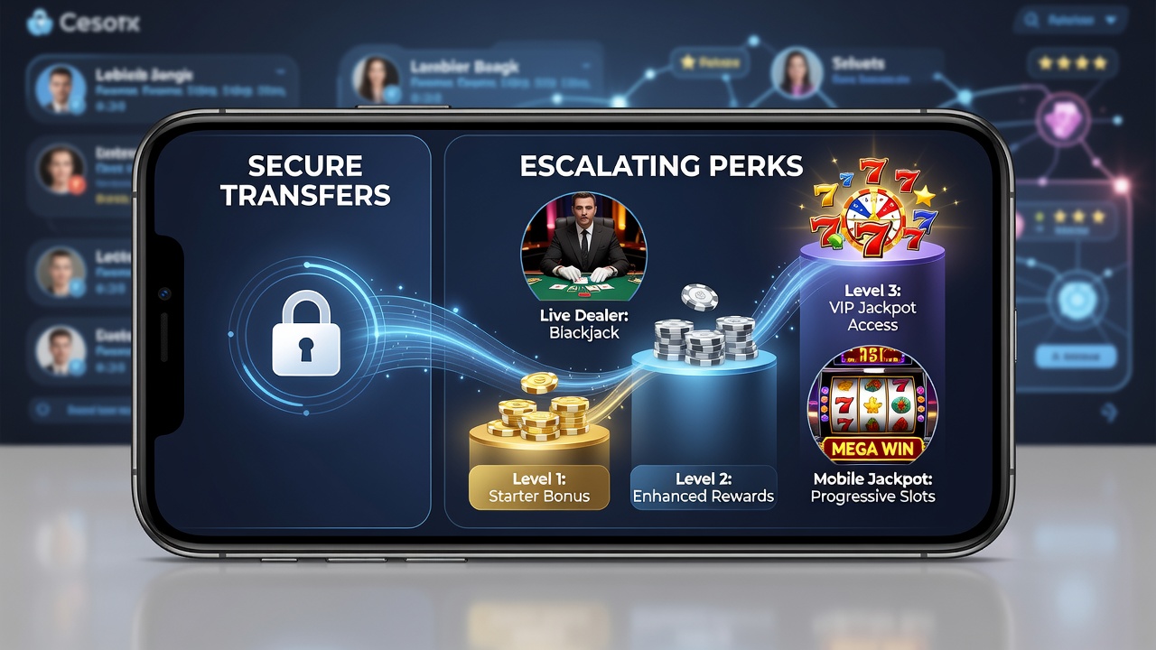 Live dealer table interface showing secure transfer confirmations unlocking escalated VIP rewards on mobile devices