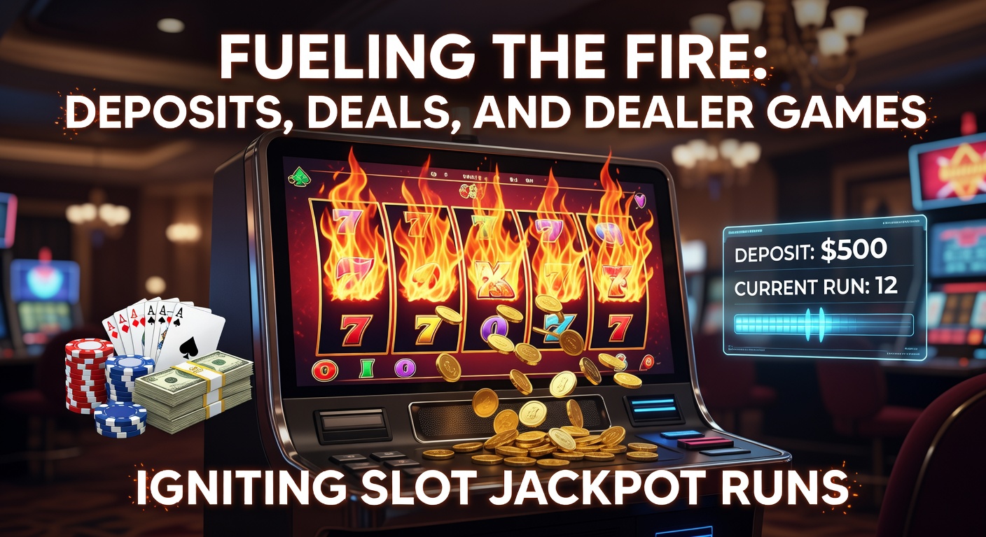Vibrant slot machine reels spinning with fiery jackpot symbols, deposits lighting up the paylines amid live dealer cards and promotional deal badges