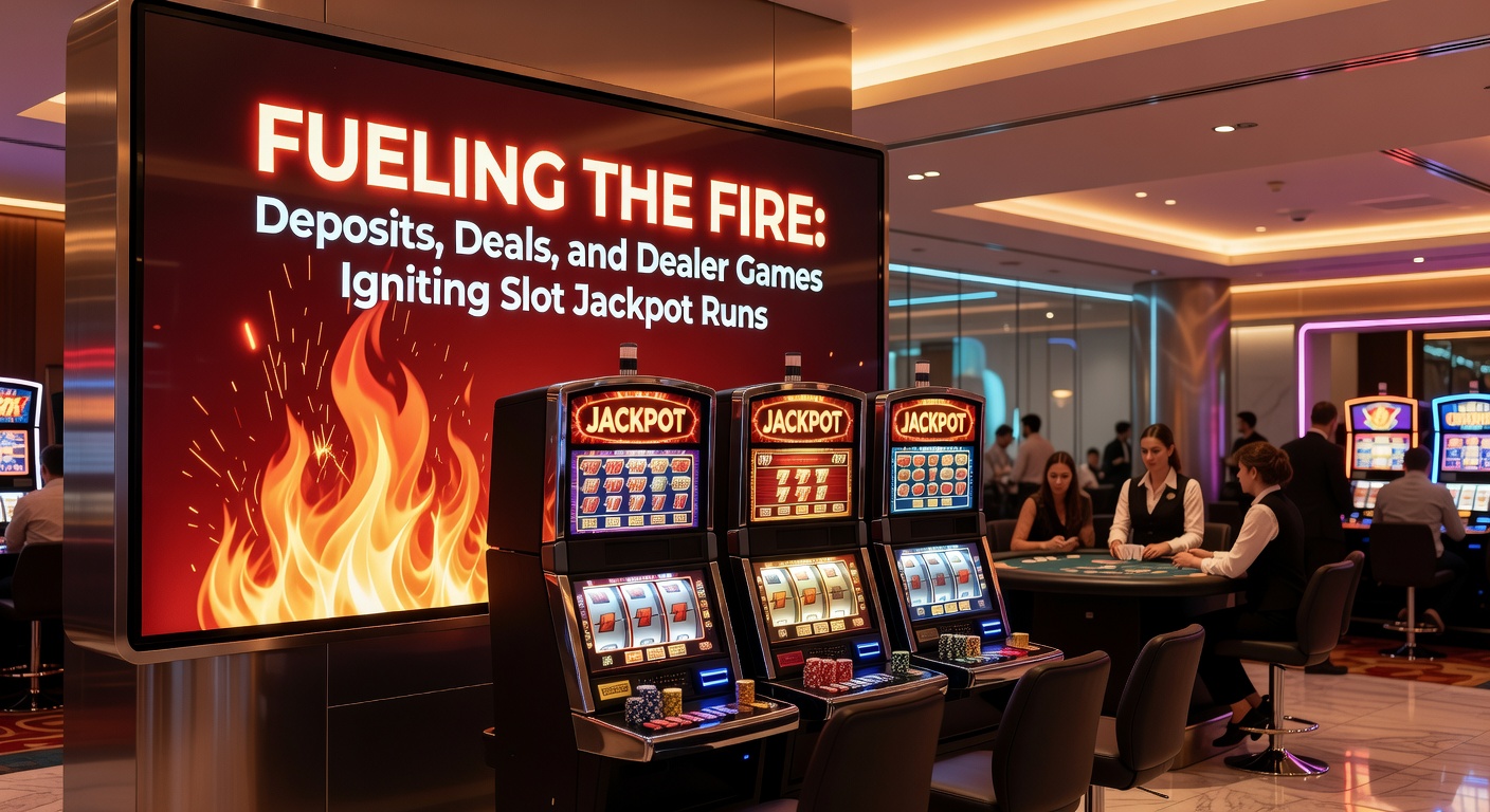 Live dealer at a blackjack table transitioning to glowing slot jackpots, with deposit icons and deal notifications overlayed on a dynamic casino interface