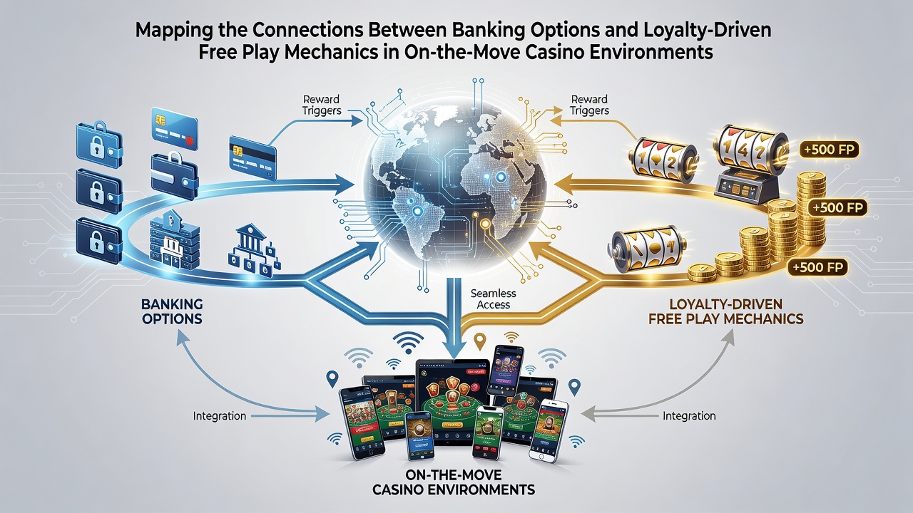 Mobile casino interface showing banking options linked to loyalty rewards and free play features