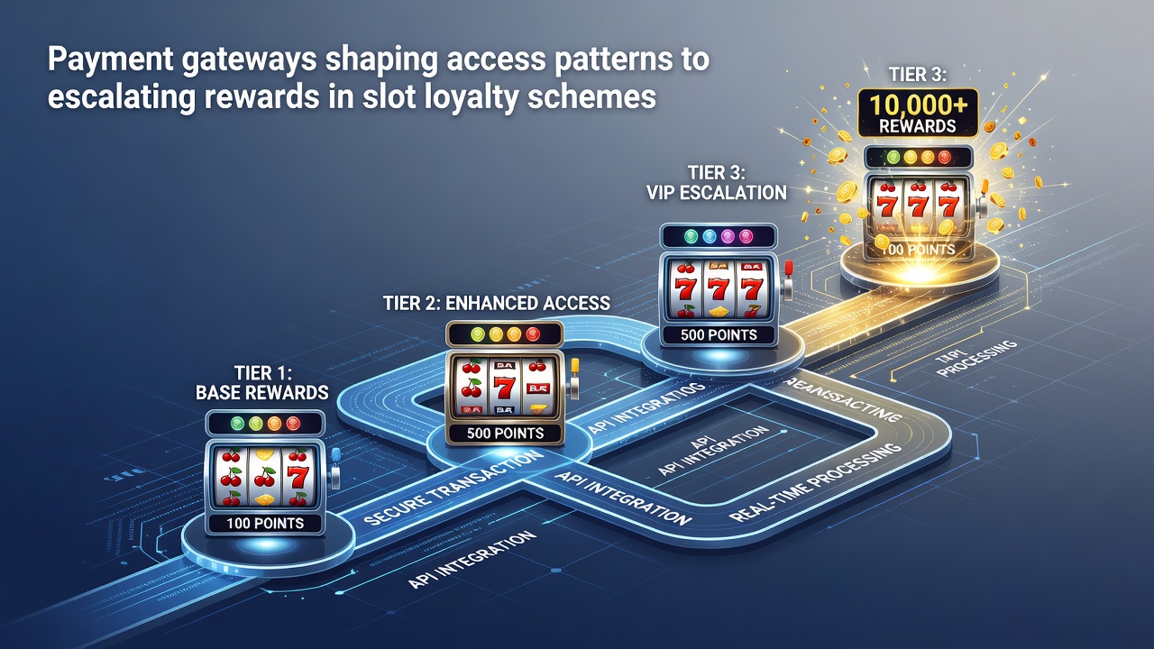 Illustration of payment gateways integrating with slot loyalty reward systems showing data flow between deposits and tiered benefits