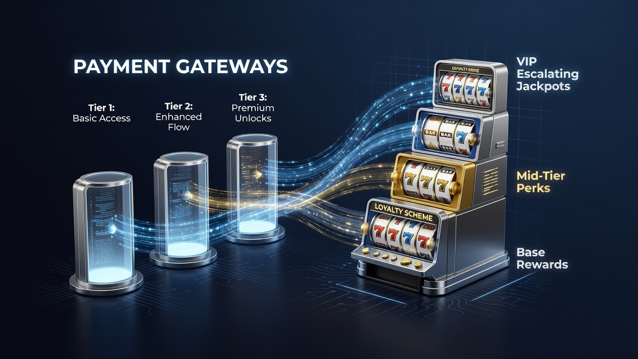 Diagram showing tiered loyalty rewards unlocked through different payment gateway speeds and deposit patterns in slot schemes