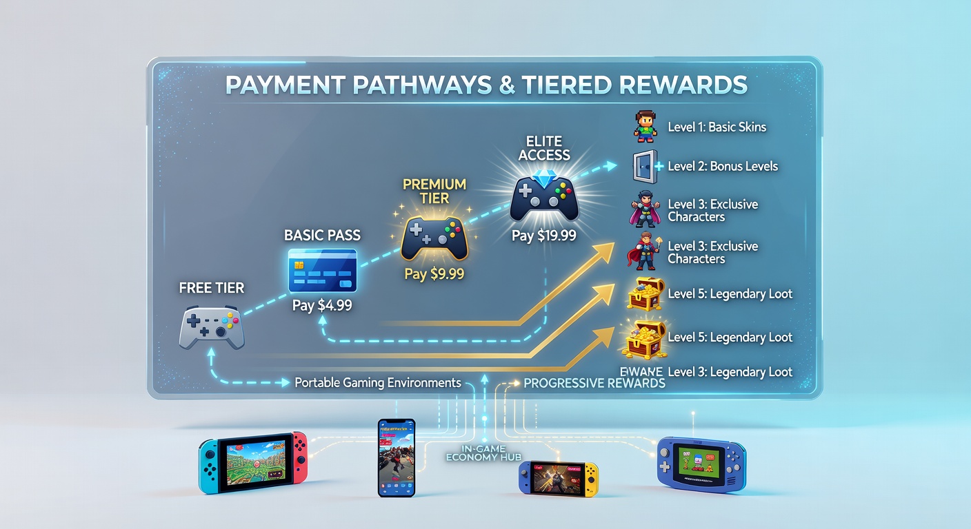 Illustration of tiered reward ladders connected to mobile payment icons in a digital casino environment
