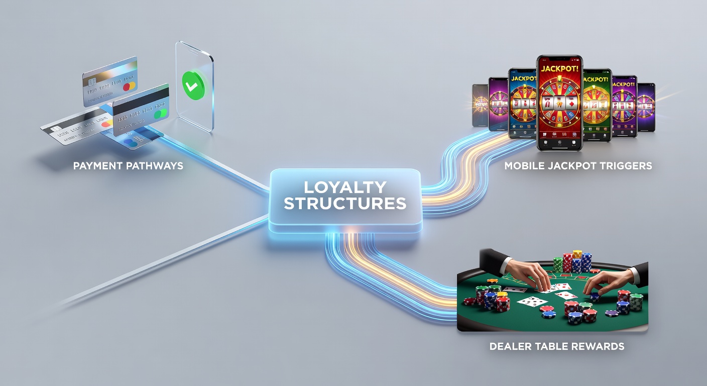 Diagram showing payment flows connecting loyalty tiers to mobile jackpot triggers and dealer table rewards