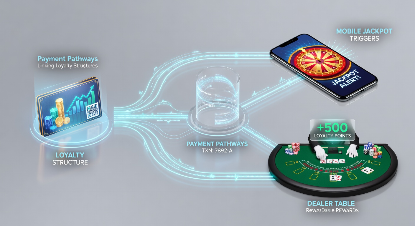 Illustration of loyalty points flowing from mobile deposits into jackpot triggers and live dealer table bonuses