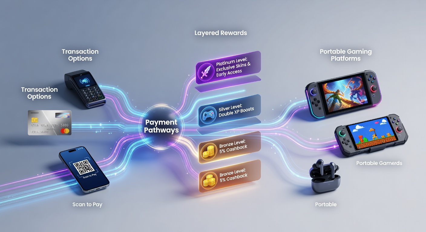 Detailed view of transaction flows leading to multi-level rewards in handheld gaming apps