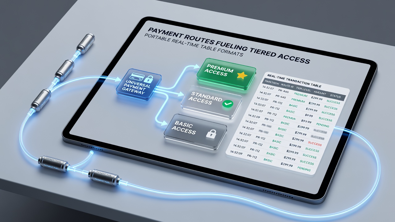 Illustration of payment networks connecting to tiered mobile data table interfaces