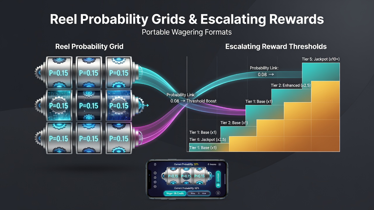 Diagram showing reel probability grids in mobile slot interfaces with symbol distributions and payout calculations