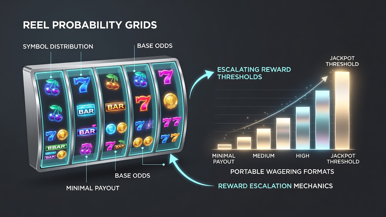 Mobile device displaying slot game with active reward threshold meter linked to reel grid calculations