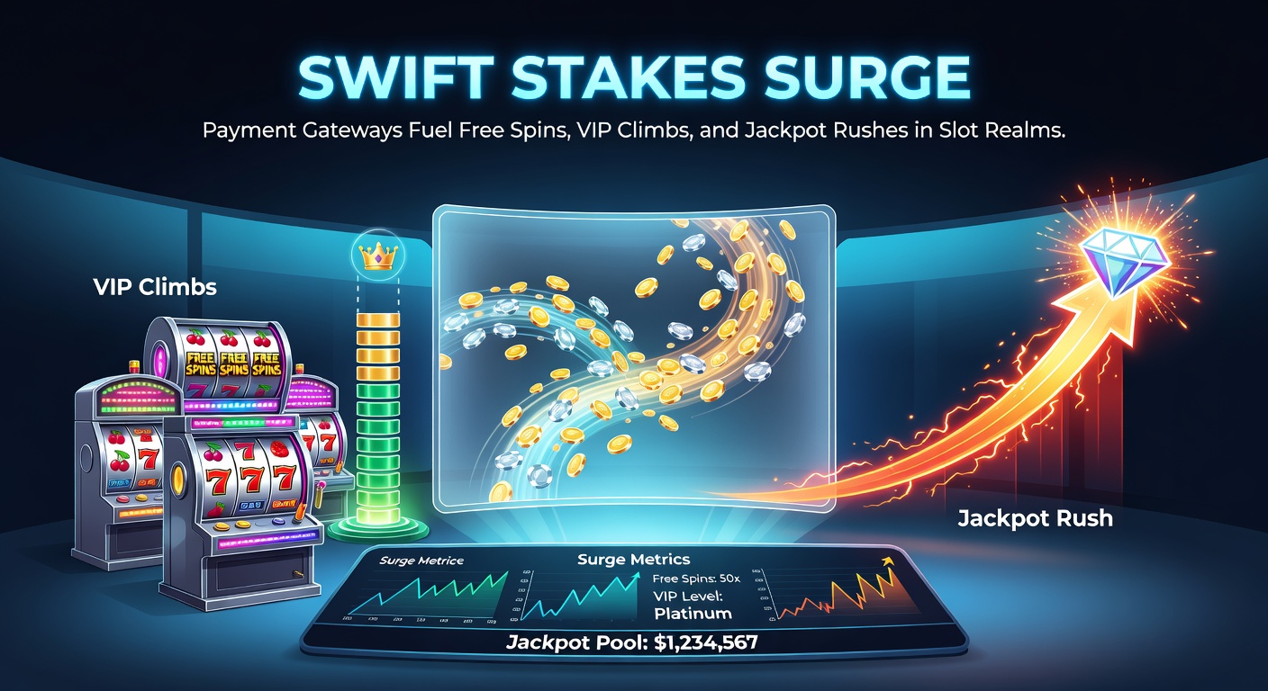 Sleek VIP ladder graphic ascending through slot symbols and jackpot meters, with payment gateway logos pulsing at each rung for dynamic progression