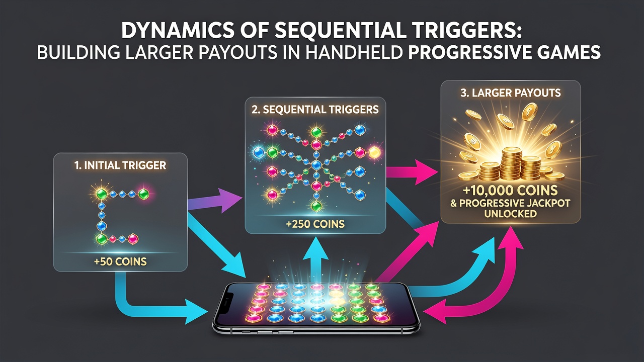 Mobile screen displaying escalating jackpot meter during multi-stage progressive trigger sequence