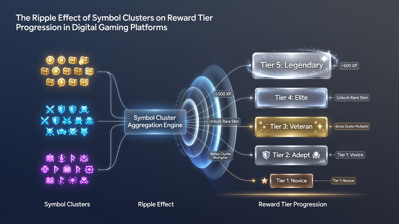 Progression chart illustrating symbol cluster impacts on player reward tiers over time