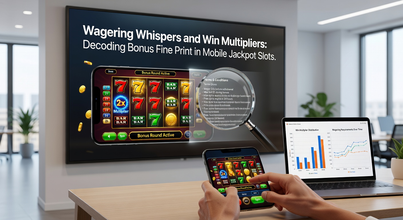 Vibrant mobile screen displaying a jackpot slot bonus round with glowing multipliers and wagering terms overlay